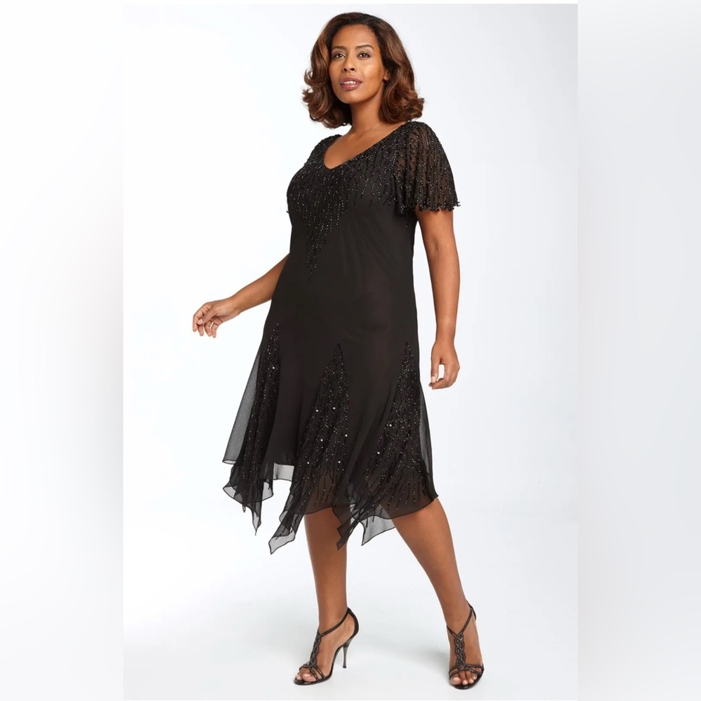 J. Kara NWT Beaded Godet Black Asymmetrical Ruffled Midi Dress